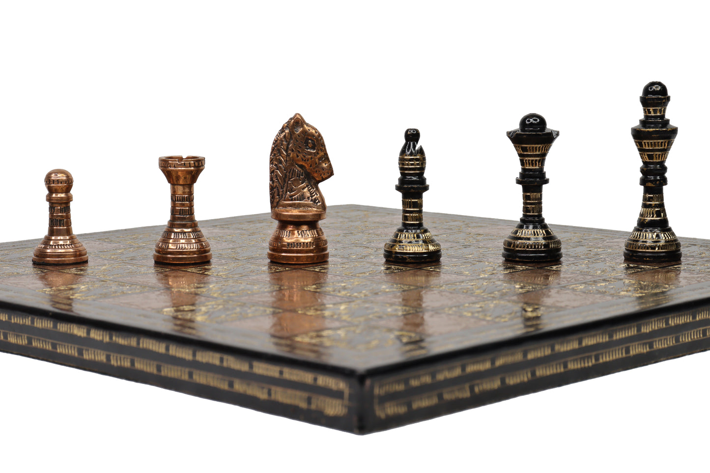 playminds Handcrafted Antique Brass Chess Set with Engraved Board black and copper