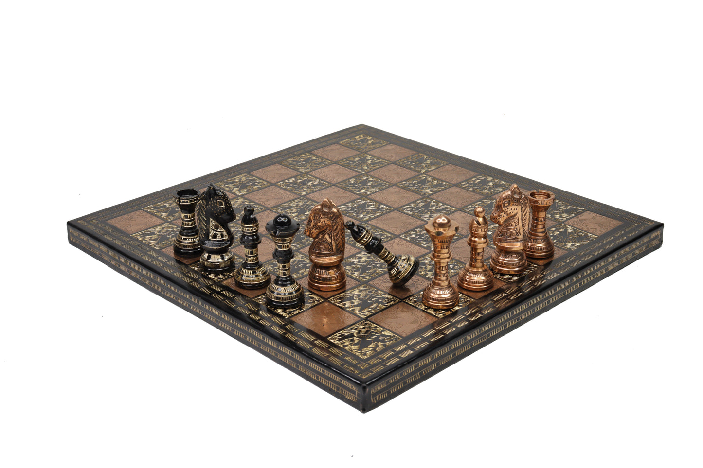 playminds Handcrafted Antique Brass Chess Set with Engraved Board black and copper